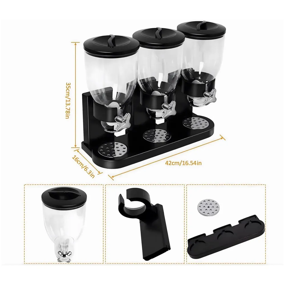 Triple Cereal Dispenser Airtight Kitchen Storage for Cornflakes/Cereal/Pulses/Beans/Oatmeal/Candy/Namkeen/Dry Food Container Food Dispenser, Black Triple Jar - 42 x 35 cm - 4