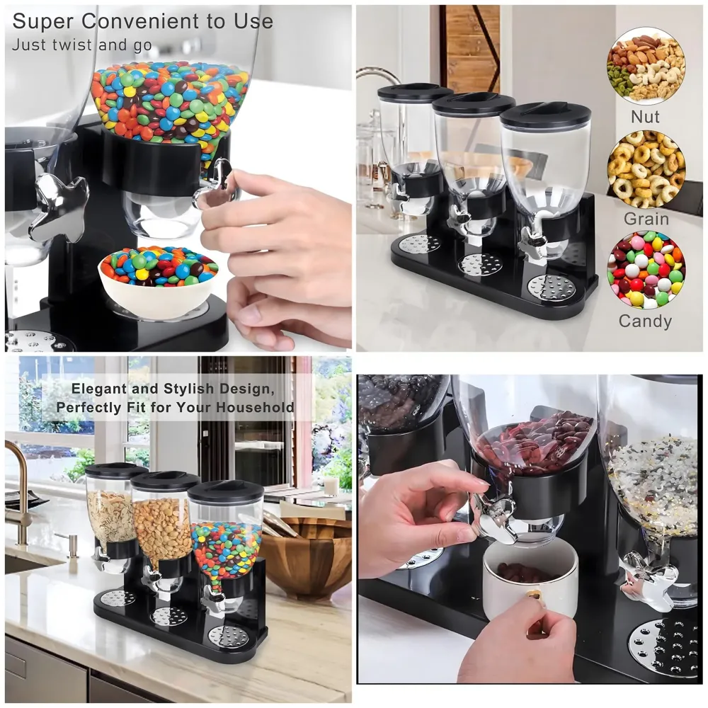 Triple Cereal Dispenser Airtight Kitchen Storage for Cornflakes/Cereal/Pulses/Beans/Oatmeal/Candy/Namkeen/Dry Food Container Food Dispenser, Black Triple Jar - 42 x 35 cm - 6