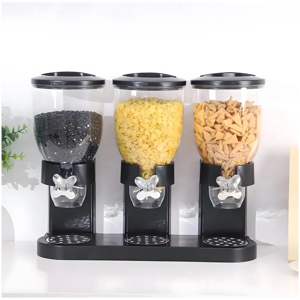 Triple Cereal Dispenser Airtight Kitchen Storage for Cornflakes/Cereal/Pulses/Beans/Oatmeal/Candy/Namkeen/Dry Food Container Food Dispenser, Black Triple Jar - 42 x 35 cm - 7