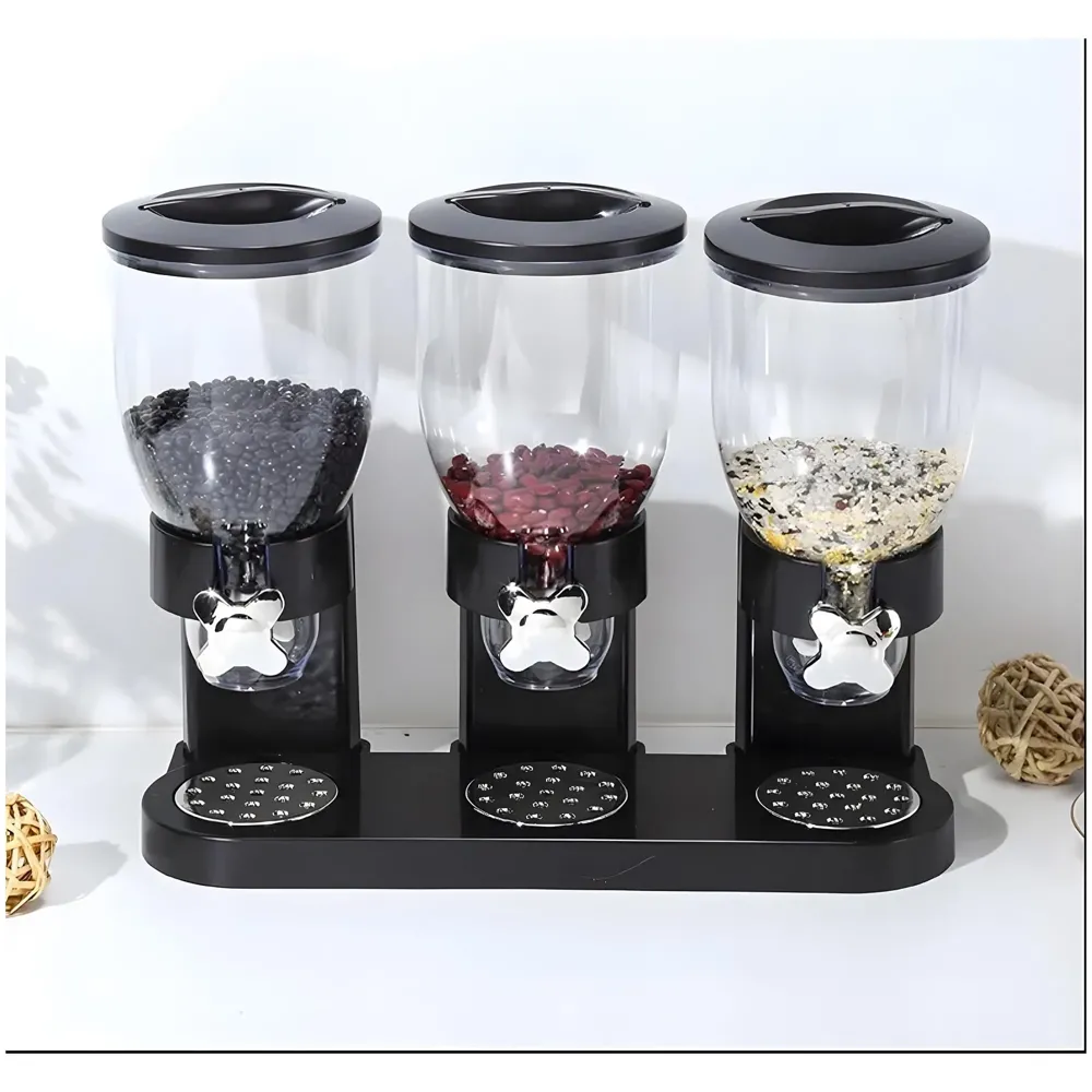 Triple Cereal Dispenser Airtight Kitchen Storage for Cornflakes/Cereal/Pulses/Beans/Oatmeal/Candy/Namkeen/Dry Food Container Food Dispenser, Black Triple Jar - 42 x 35 cm - 8