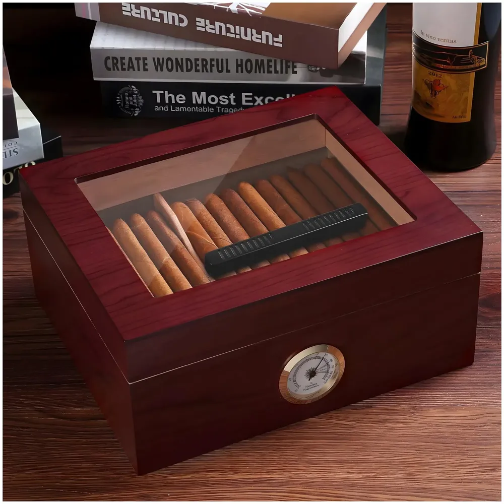 Mantello Cigars 25-50 Cigar Desktop Humidor Humidifier Royale Glasstop - 6