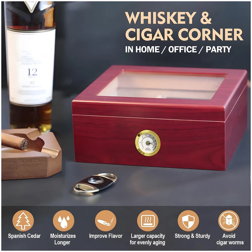 Mantello Cigars 25-50 Cigar Desktop Humidor Humidifier Royale Glasstop
