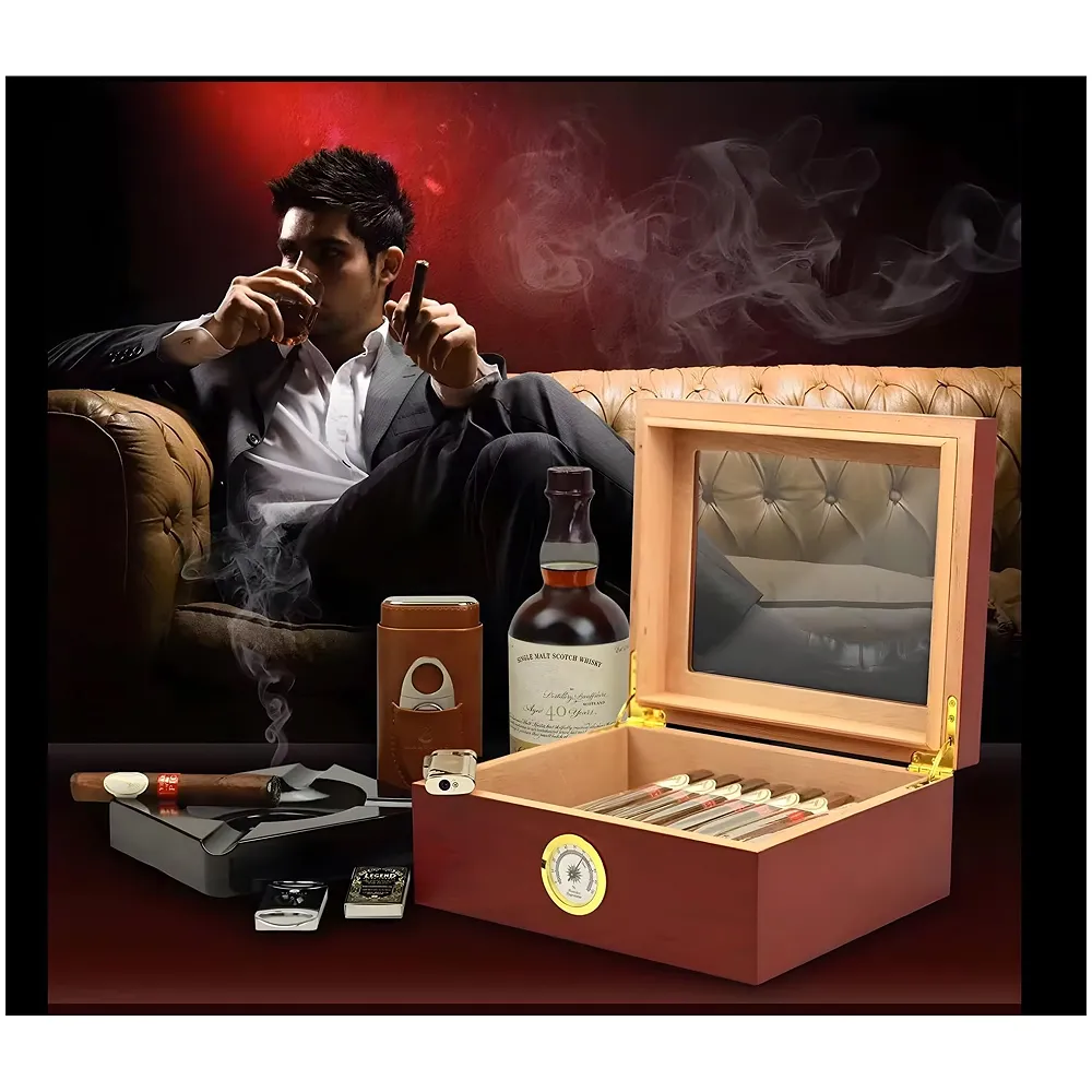 Mantello Cigars 25-50 Cigar Desktop Humidor Humidifier Royale Glasstop