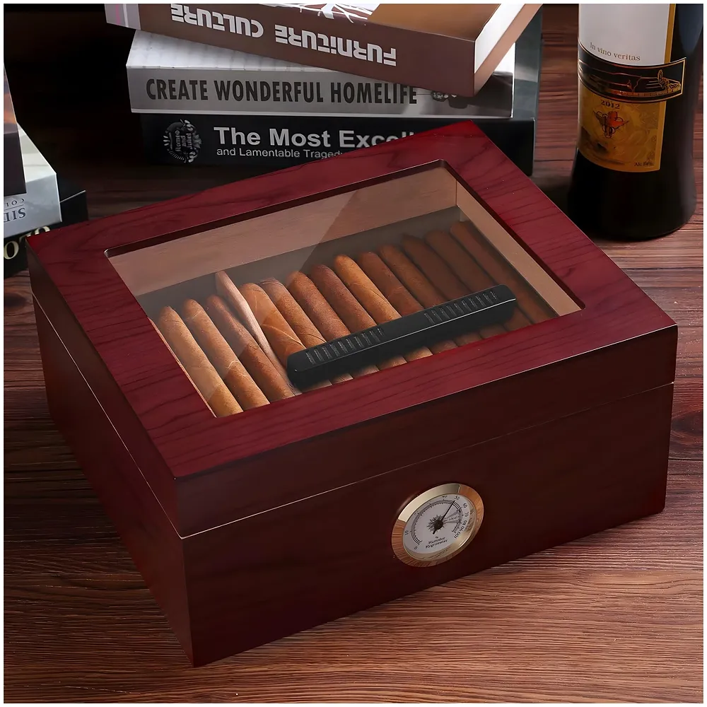 Mantello Cigars 25-50 Cigar Desktop Humidor Humidifier Royale Glasstop