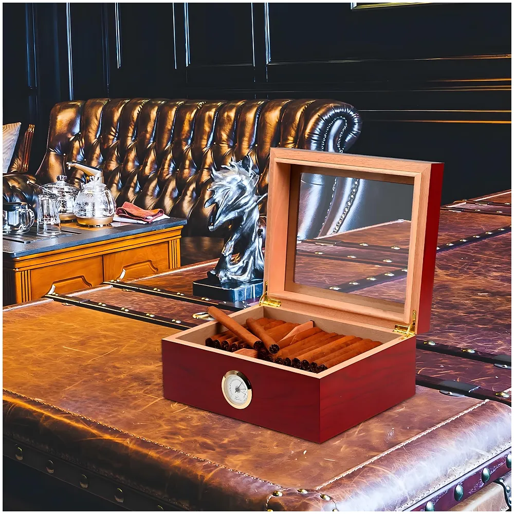 Mantello Cigars 25-50 Cigar Desktop Humidor Humidifier Royale Glasstop