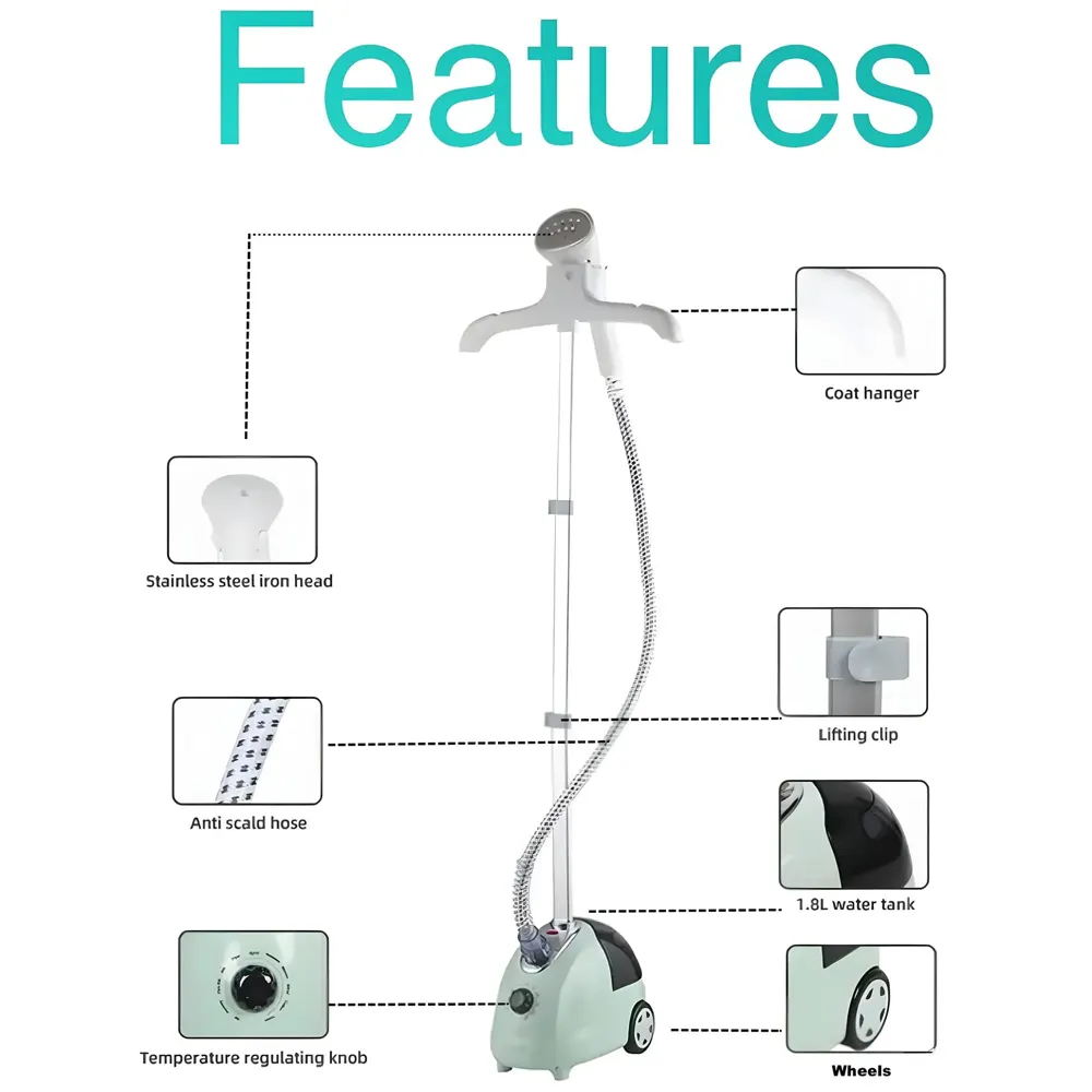 Standing Garment Steamer 2000 Watts Advanced Steamer For Wrinkle-Free Clothes - Fast Heat-Up, Portable, And Efficient For Home And Professional Steam Iron Wheels For All Types Of Clothes