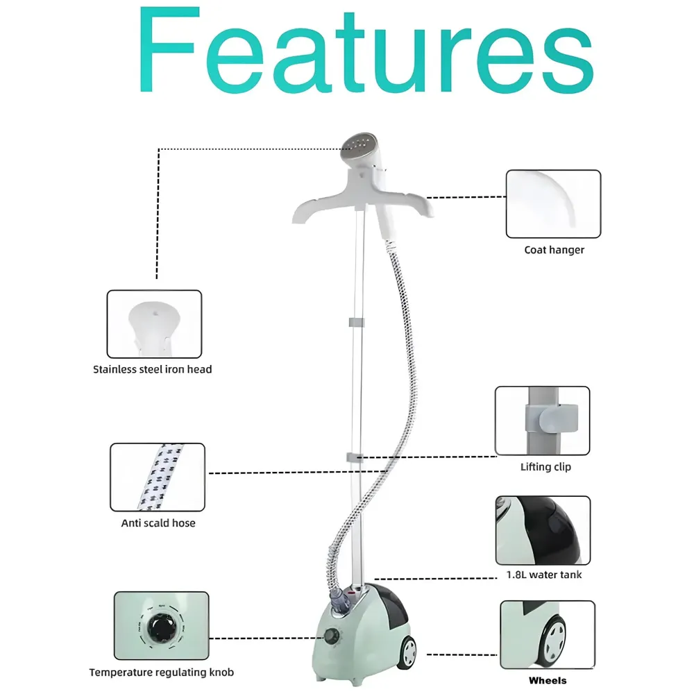 Standing Garment Steamer 2000W, Advanced Clothes Steamer For Wrinkle-Free Clothes - Fast Heat-Up, Portable, And Efficient For Home And Professionals, Steam Iron Wheels