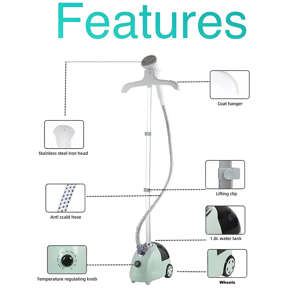 Standing Garment Steamer 2000 Watts Advanced Steamer For Wrinkle-Free Clothes - Fast Heat-Up, Portable, And Efficient For Home And Professional Steam Iron Wheels For All Types Of Clothes