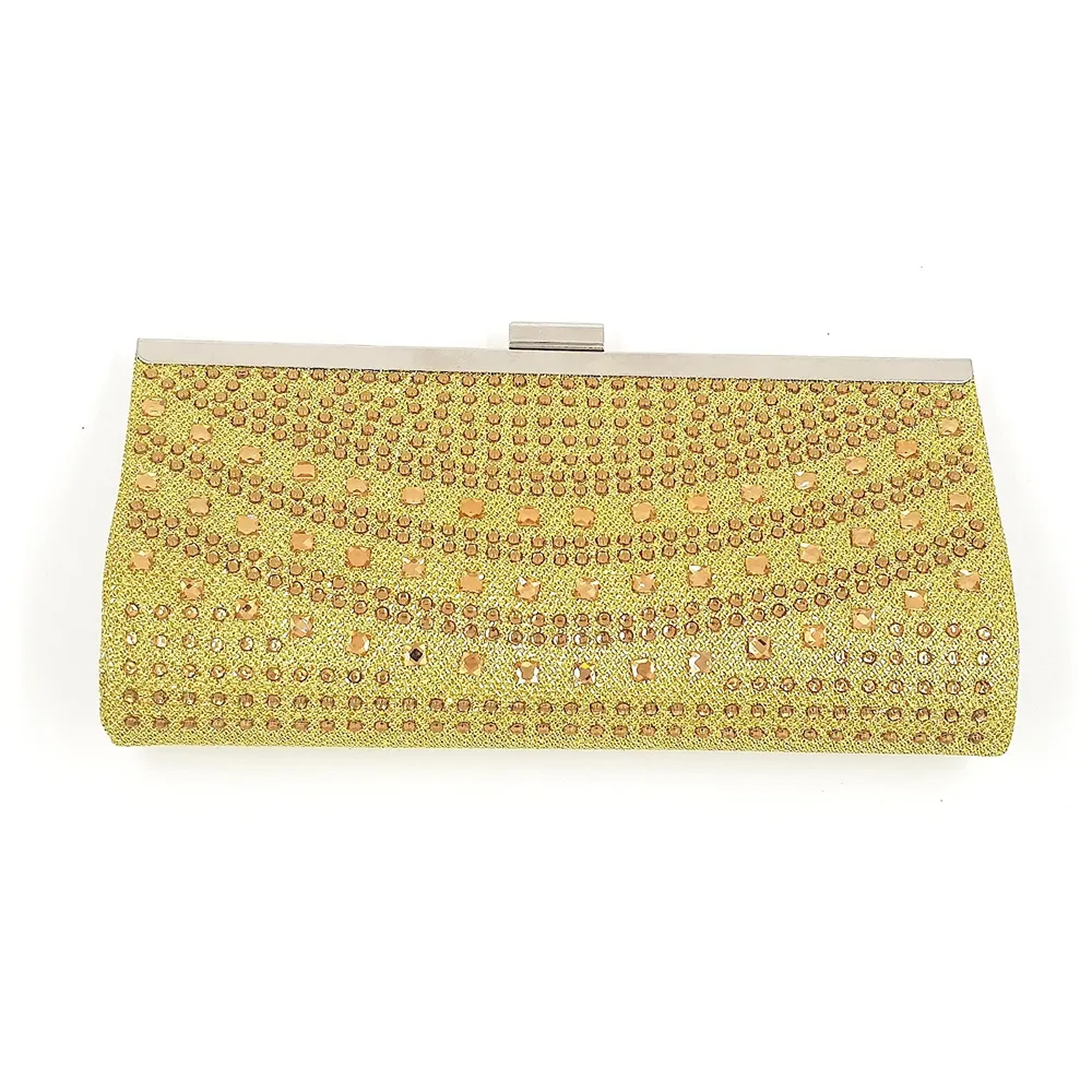 Premium Clutch Embellished With Stone Work ~ Adjustable Shoulder Chain, Snap Closure & Smooth Inner Satin. (Gold)