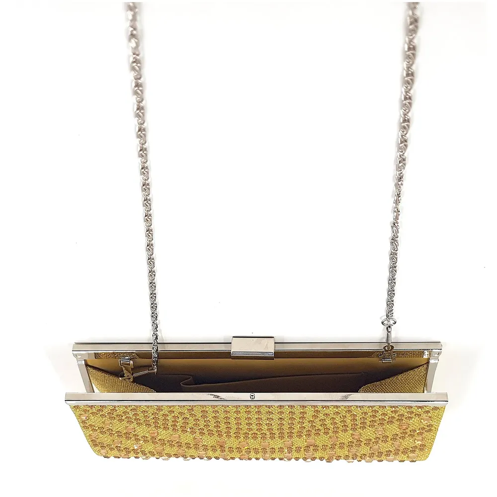 Premium Clutch Embellished With Stone Work ~ Adjustable Shoulder Chain, Snap Closure & Smooth Inner Satin. (Gold)