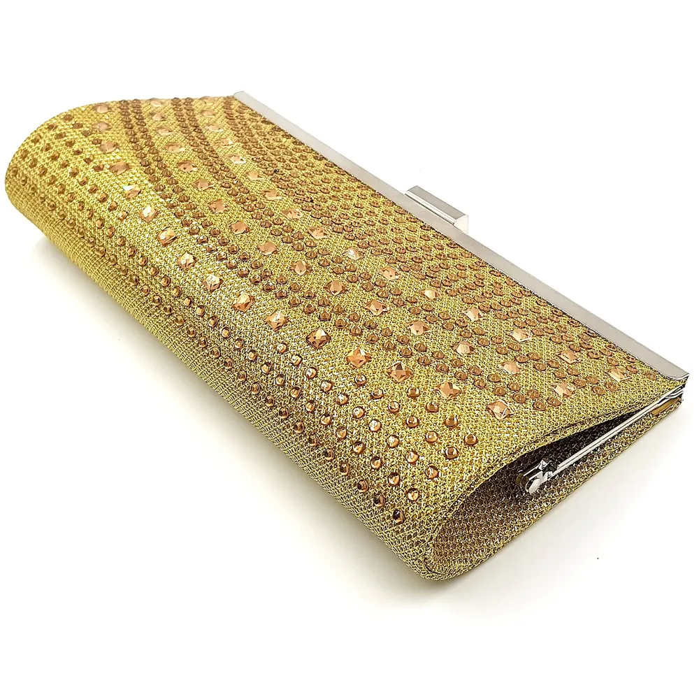 Premium Clutch Embellished With Stone Work ~ Adjustable Shoulder Chain, Snap Closure & Smooth Inner Satin. (Gold)