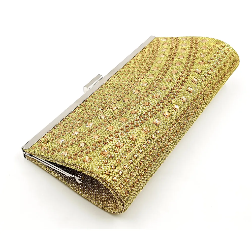 Premium Clutch Embellished With Stone Work ~ Adjustable Shoulder Chain, Snap Closure & Smooth Inner Satin. (Gold)