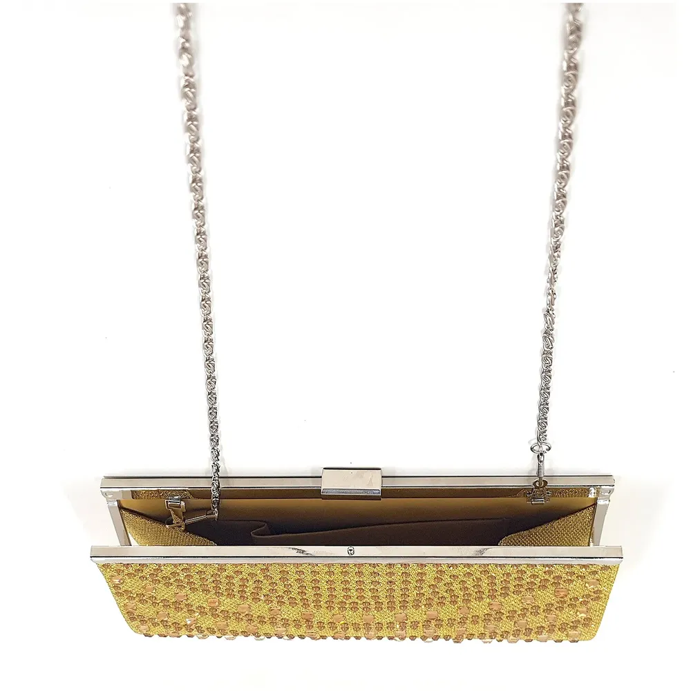 Premium Clutch Embellished With Stone Work ~ Adjustable Shoulder Chain, Snap Closure & Smooth Inner Satin. (Gold)