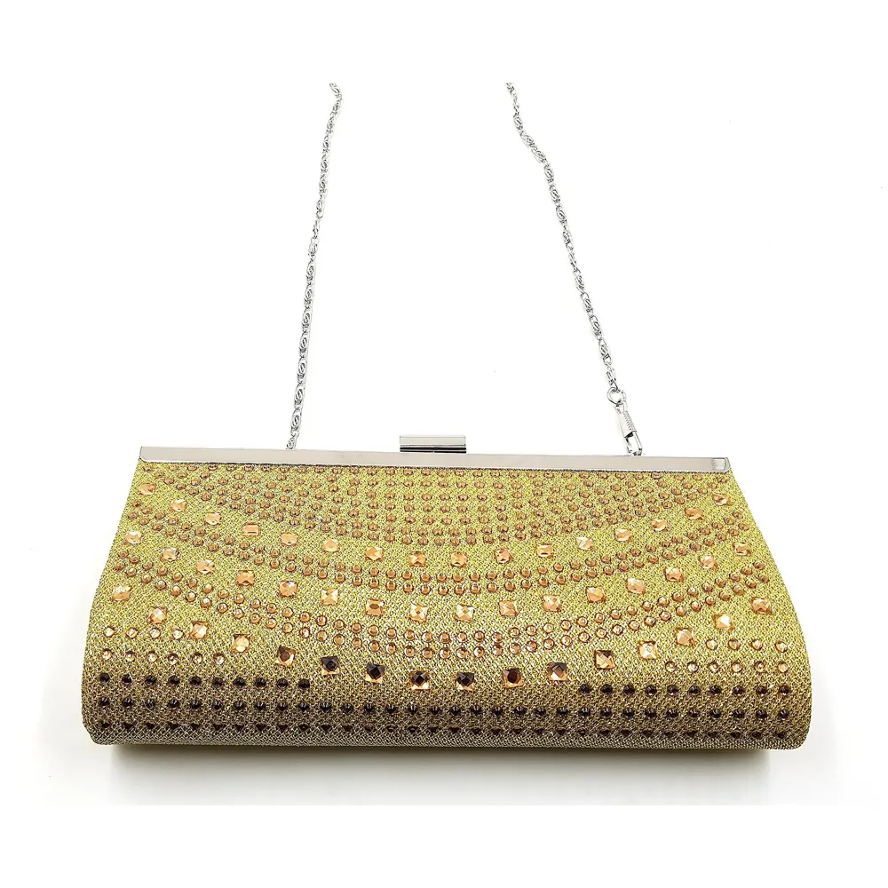 Premium Clutch Embellished With Stone Work ~ Adjustable Shoulder Chain, Snap Closure & Smooth Inner Satin. (Gold)