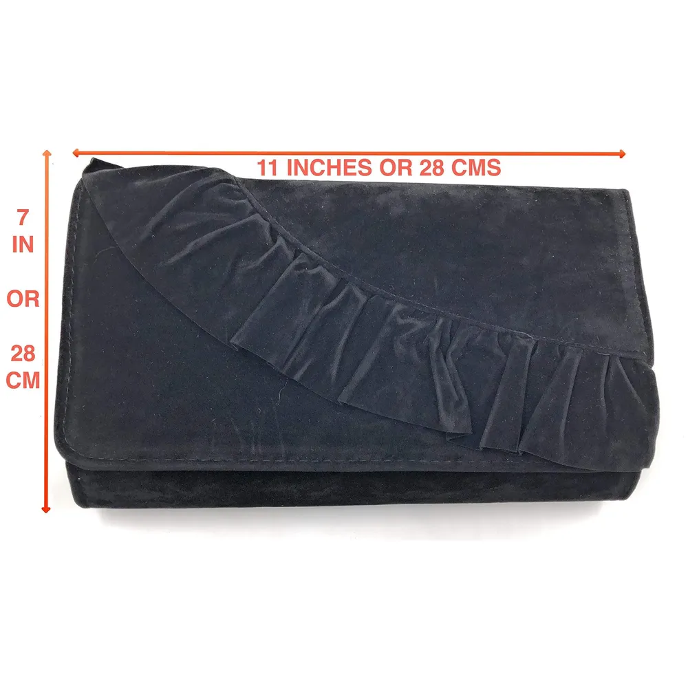 ELEGANT PREMIUM EVENING CLUTCH BAG WITH ADJUSTABLE SHOULDER CHAIN, SNAP CLOSURE & SMOOTH INNER SATIN (28 CMS x 18 CMS) (Black)