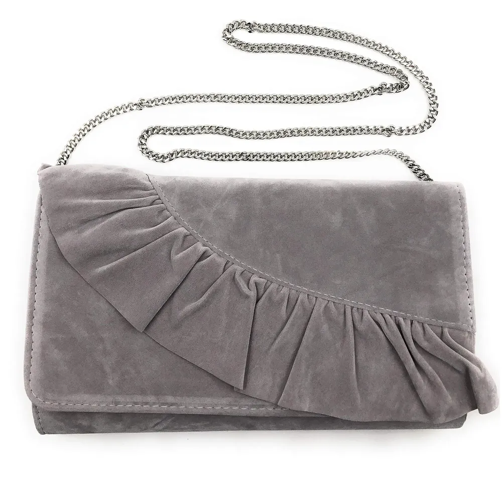 ELEGANT PREMIUM EVENING CLUTCH BAG WITH ADJUSTABLE SHOULDER CHAIN, SNAP CLOSURE & SMOOTH INNER SATIN (28 CMS x 18 CMS) (Grey)