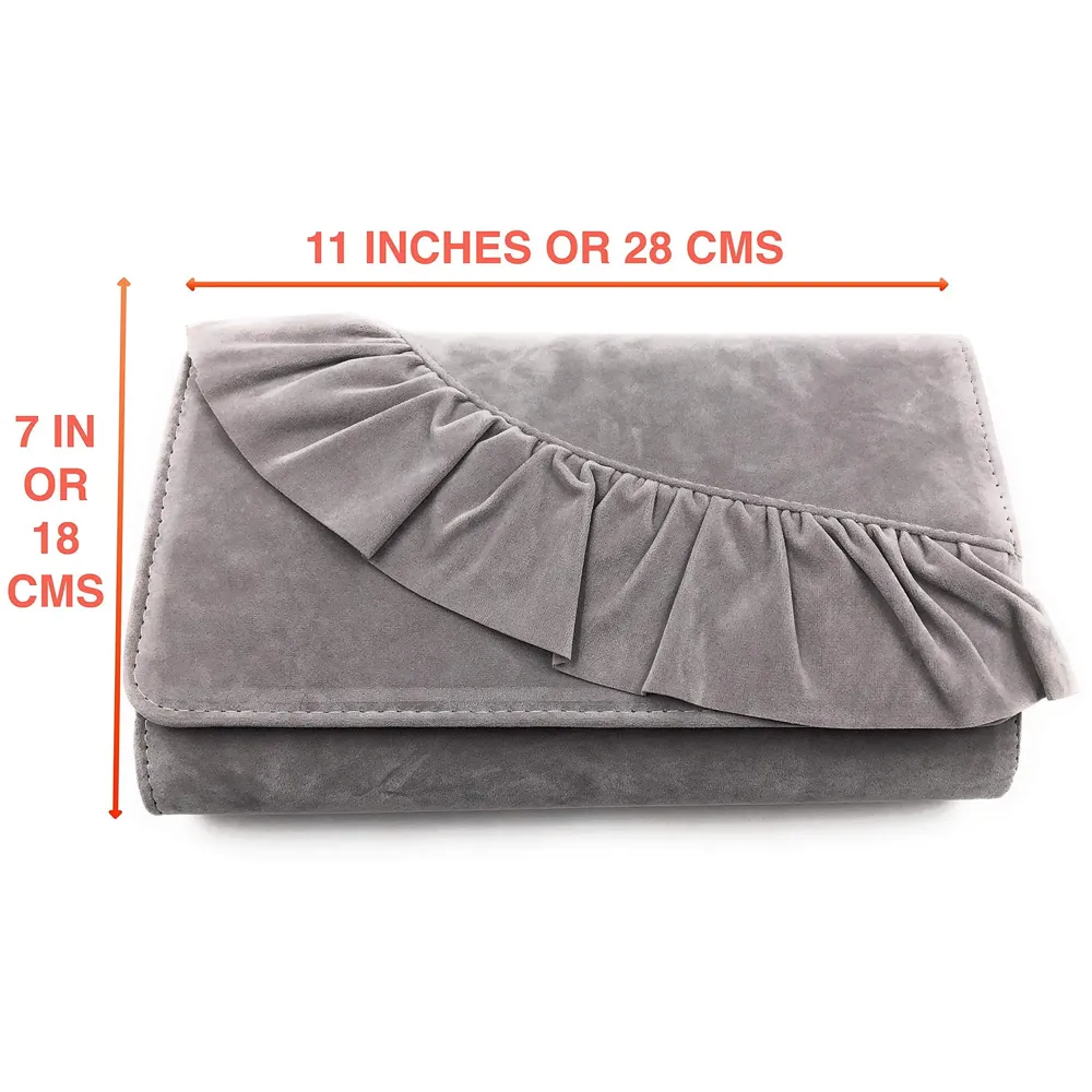 ELEGANT PREMIUM EVENING CLUTCH BAG WITH ADJUSTABLE SHOULDER CHAIN, SNAP CLOSURE & SMOOTH INNER SATIN (28 CMS x 18 CMS) (Grey)