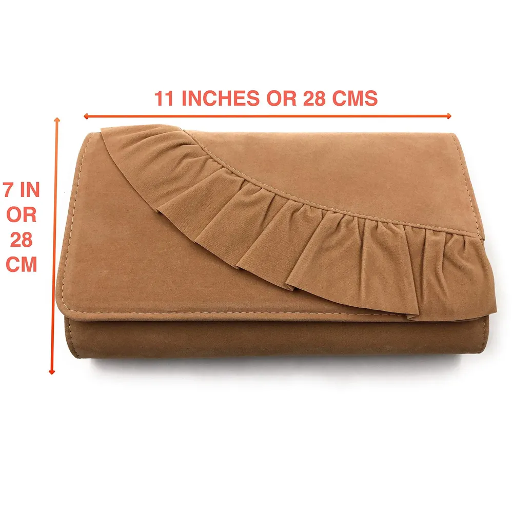 ELEGANT PREMIUM EVENING CLUTCH BAG WITH ADJUSTABLE SHOULDER CHAIN, SNAP CLOSURE & SMOOTH INNER SATIN (28 CMS x 18 CMS) (Tan)