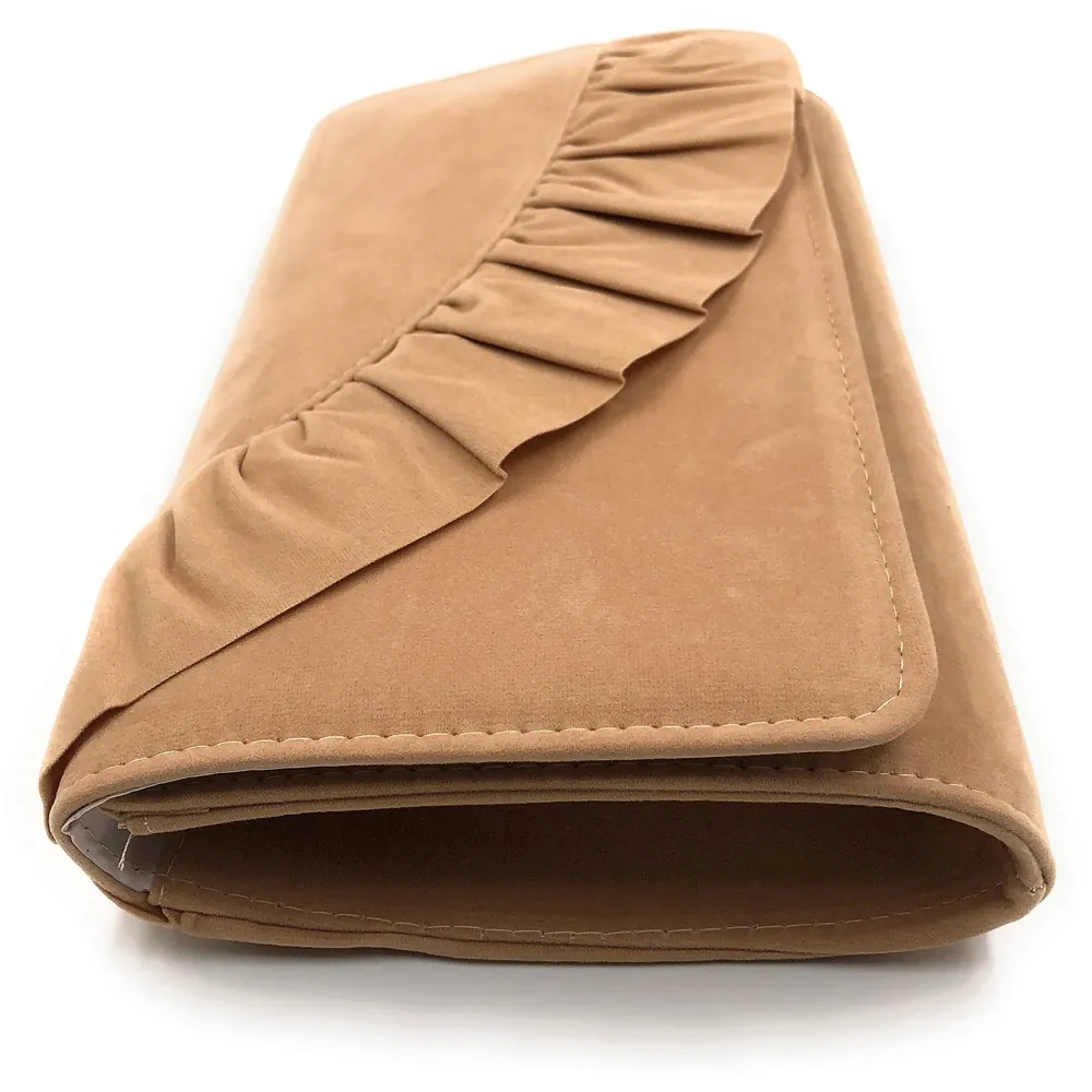 ELEGANT PREMIUM EVENING CLUTCH BAG WITH ADJUSTABLE SHOULDER CHAIN, SNAP CLOSURE & SMOOTH INNER SATIN (28 CMS x 18 CMS) (Tan)