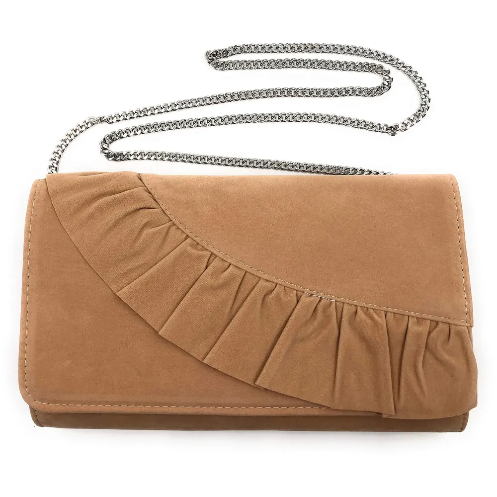 ELEGANT PREMIUM EVENING CLUTCH BAG WITH ADJUSTABLE SHOULDER CHAIN, SNAP CLOSURE & SMOOTH INNER SATIN (28 CMS x 18 CMS) (Tan)