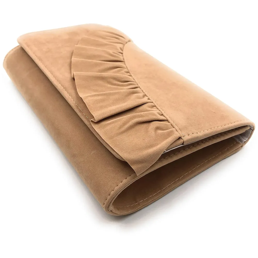 ELEGANT PREMIUM EVENING CLUTCH BAG WITH ADJUSTABLE SHOULDER CHAIN, SNAP CLOSURE & SMOOTH INNER SATIN (28 CMS x 18 CMS) (Tan)