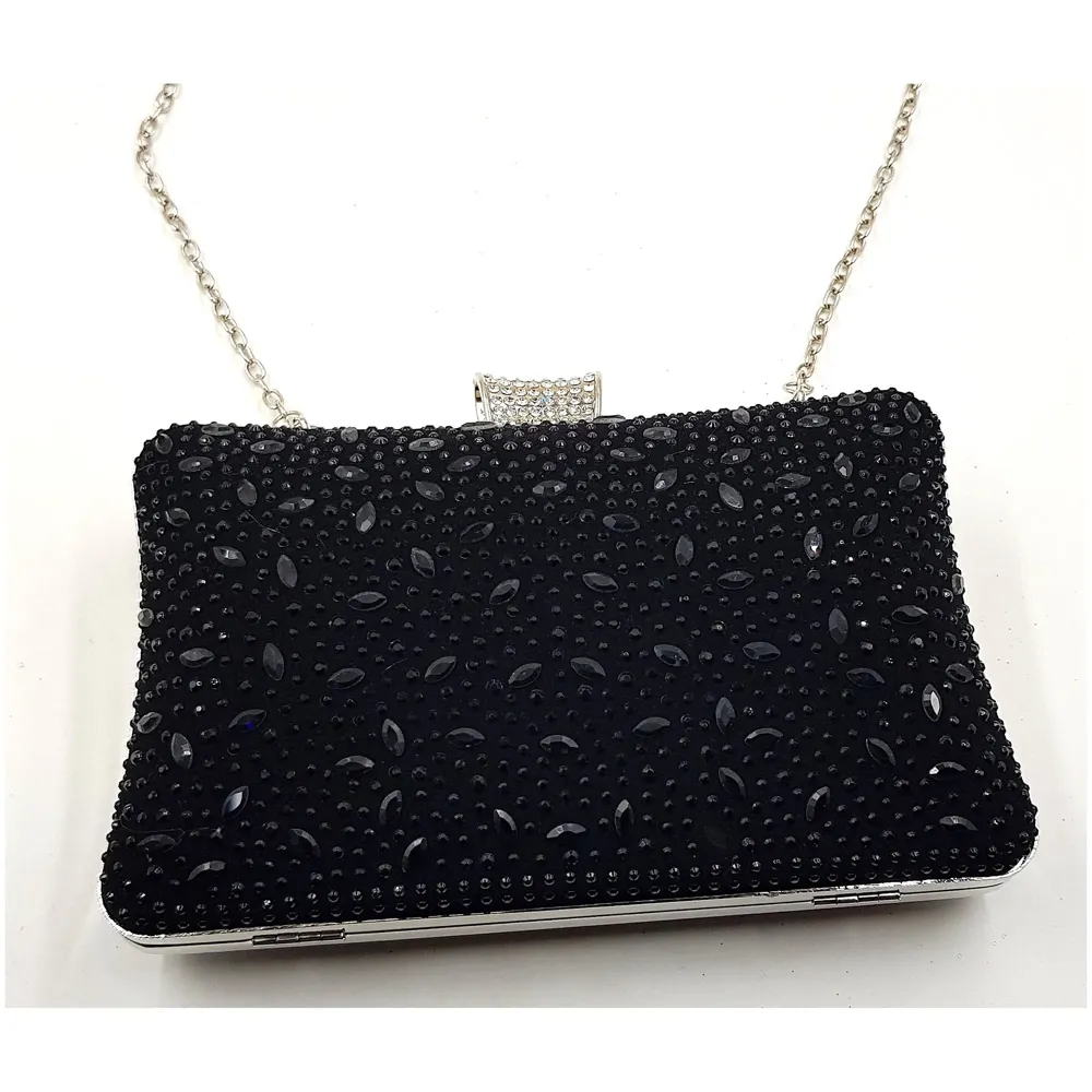 ELEGANT PREMIUM EVENING CLUTCH BAG PATTERNED STONES, GLITTERS & ADJUSTABLE SHOULDER CHAIN, SNAP CLOSURE & SMOOTH INNER SATIN (Black)