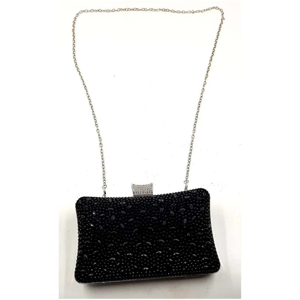 ELEGANT PREMIUM EVENING CLUTCH BAG PATTERNED STONES, GLITTERS & ADJUSTABLE SHOULDER CHAIN, SNAP CLOSURE & SMOOTH INNER SATIN (Black)