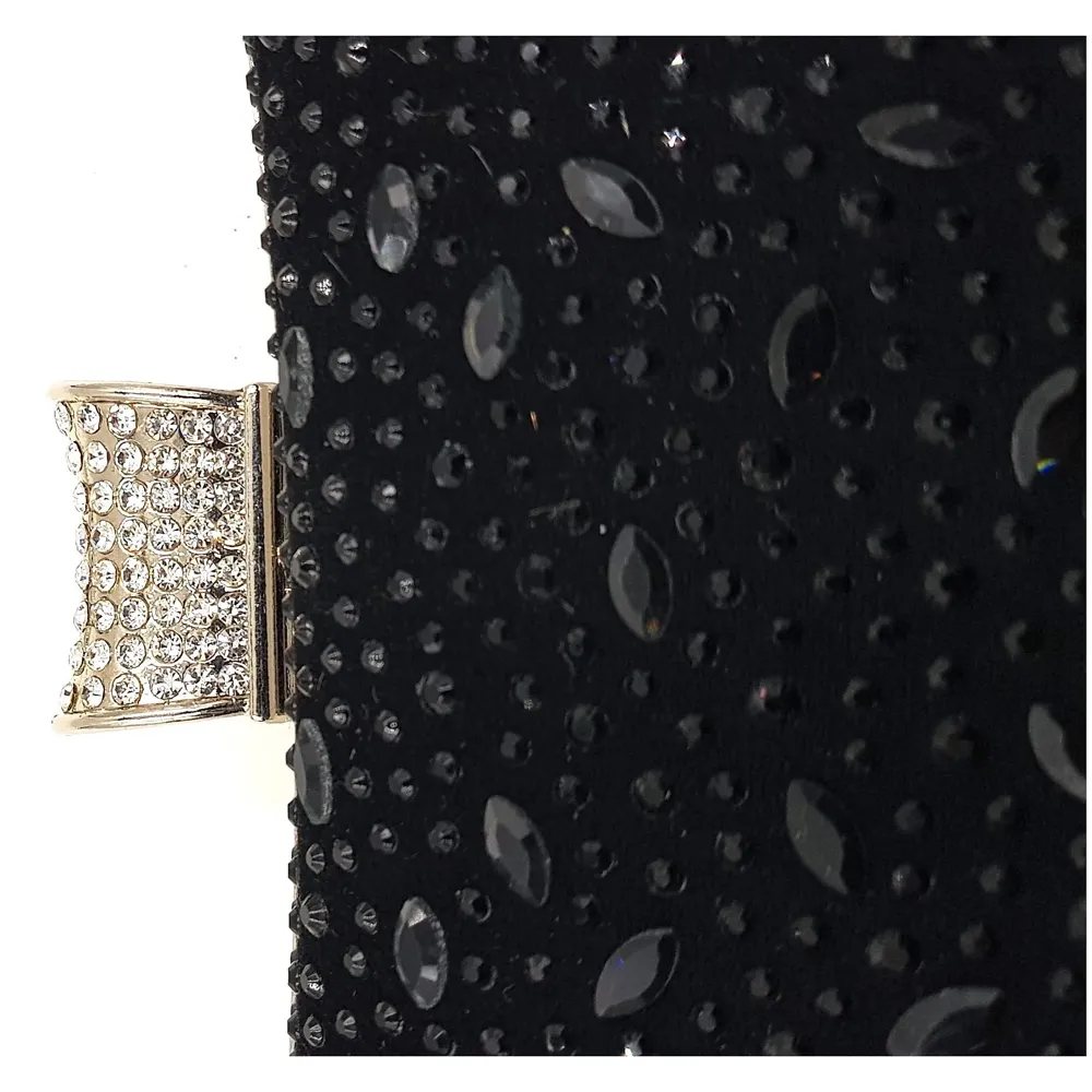 ELEGANT PREMIUM EVENING CLUTCH BAG PATTERNED STONES, GLITTERS & ADJUSTABLE SHOULDER CHAIN, SNAP CLOSURE & SMOOTH INNER SATIN (Black)