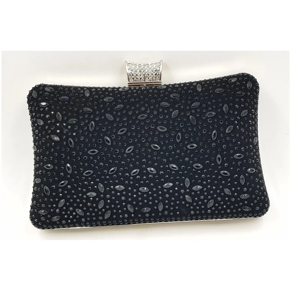 ELEGANT PREMIUM EVENING CLUTCH BAG PATTERNED STONES, GLITTERS & ADJUSTABLE SHOULDER CHAIN, SNAP CLOSURE & SMOOTH INNER SATIN (Black)