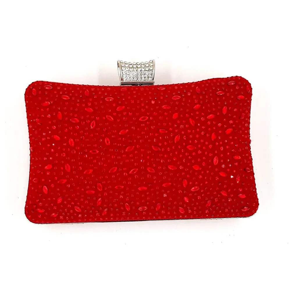 ELEGANT PREMIUM EVENING CLUTCH BAG PATTERNED STONES, GLITTERS & ADJUSTABLE SHOULDER CHAIN, SNAP CLOSURE & SMOOTH INNER SATIN (Red)