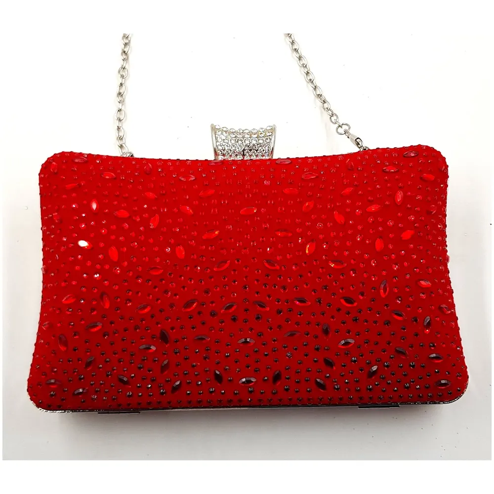 ELEGANT PREMIUM EVENING CLUTCH BAG PATTERNED STONES, GLITTERS & ADJUSTABLE SHOULDER CHAIN, SNAP CLOSURE & SMOOTH INNER SATIN (Red)