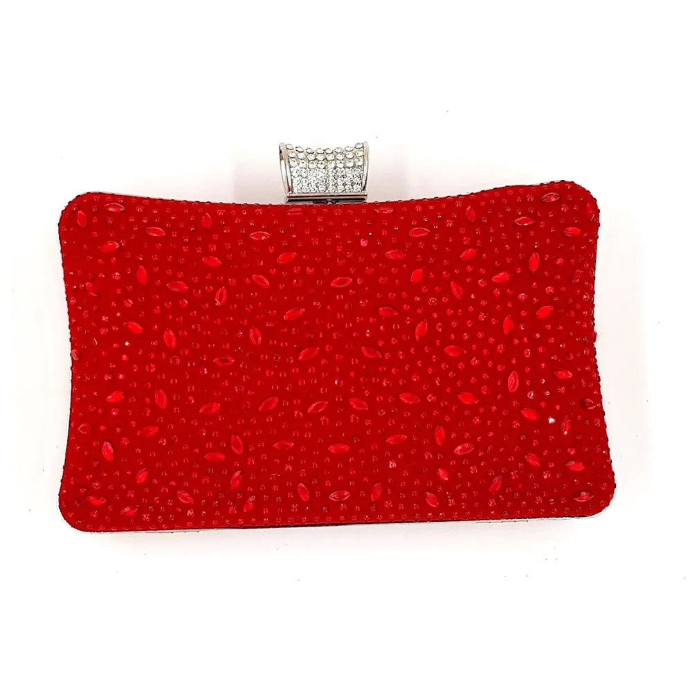 ELEGANT PREMIUM EVENING CLUTCH BAG PATTERNED STONES, GLITTERS & ADJUSTABLE SHOULDER CHAIN, SNAP CLOSURE & SMOOTH INNER SATIN (Red)