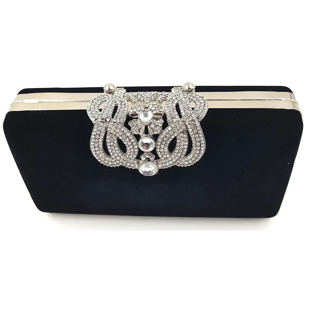 ELEGANT BLACK PREMIUM EVENING CLUTCH BAG WITH ADJUSTABLE SHOULDER CHAIN, SNAP CLOSURE & SMOOTH INNER SATIN - 2