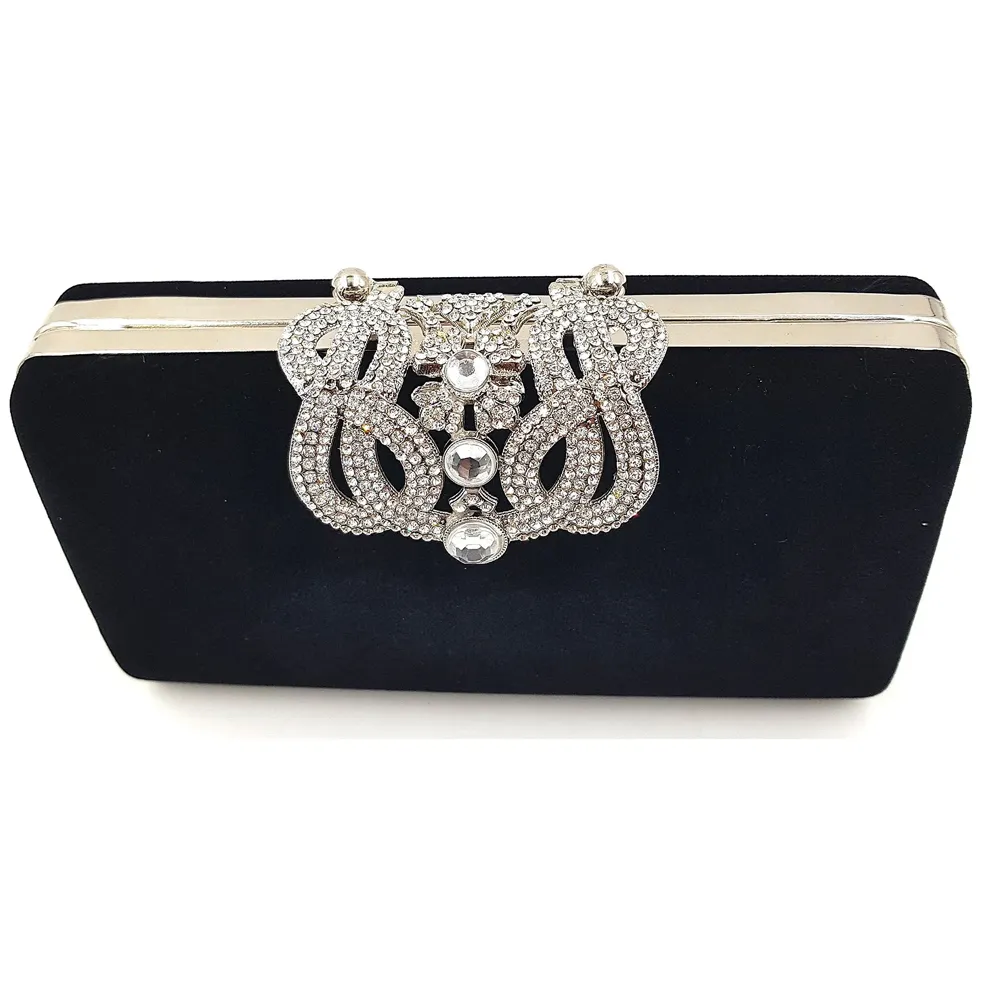 ELEGANT BLACK PREMIUM EVENING CLUTCH BAG WITH ADJUSTABLE SHOULDER CHAIN, SNAP CLOSURE & SMOOTH INNER SATIN