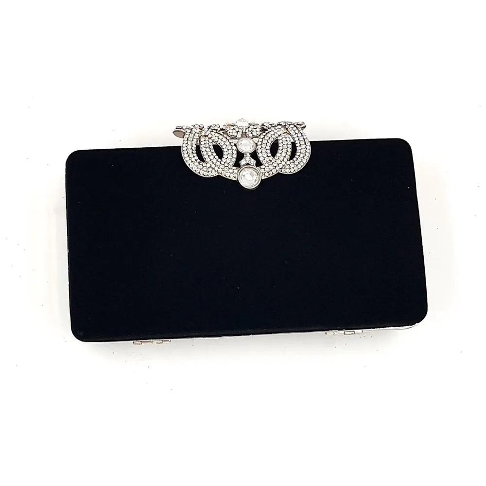 ELEGANT BLACK PREMIUM EVENING CLUTCH BAG WITH ADJUSTABLE SHOULDER CHAIN, SNAP CLOSURE & SMOOTH INNER SATIN