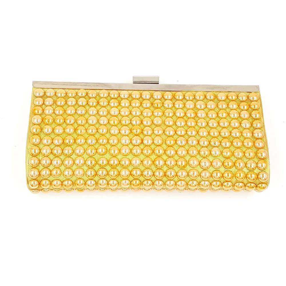 Gold Clutch Bag With Pearls Design