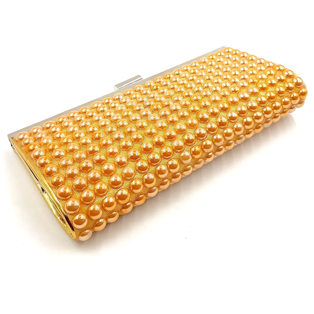 Gold Clutch Bag With Pearls Design - 3