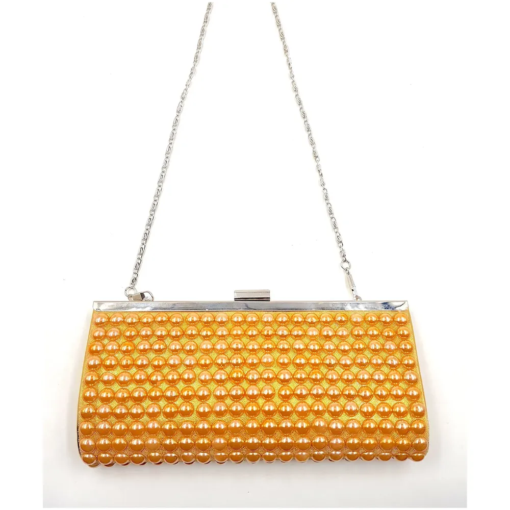 Gold Clutch Bag With Pearls Design