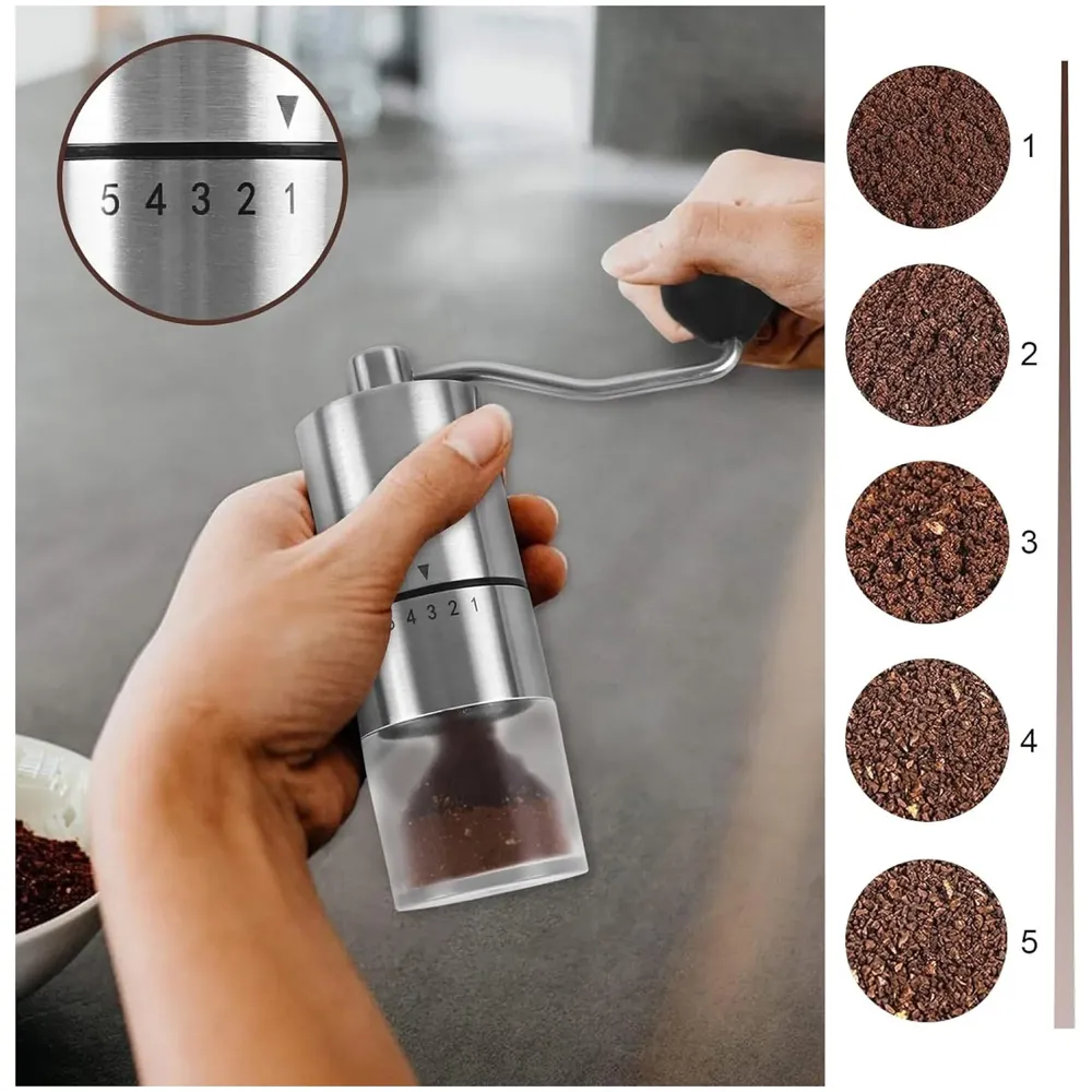 Manual Steel Coffee Grinder, 5 Adjustable Grind Settings, for Espresso, Cold Brew, French Press & Drip Coffee, 5.08 x 5.08 x 16.51 cm