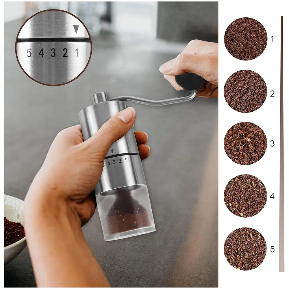 Manual Steel Coffee Grinder, 5 Adjustable Grind Settings, for Espresso, Cold Brew, French Press & Drip Coffee, 5.08 x 5.08 x 16.51 cm