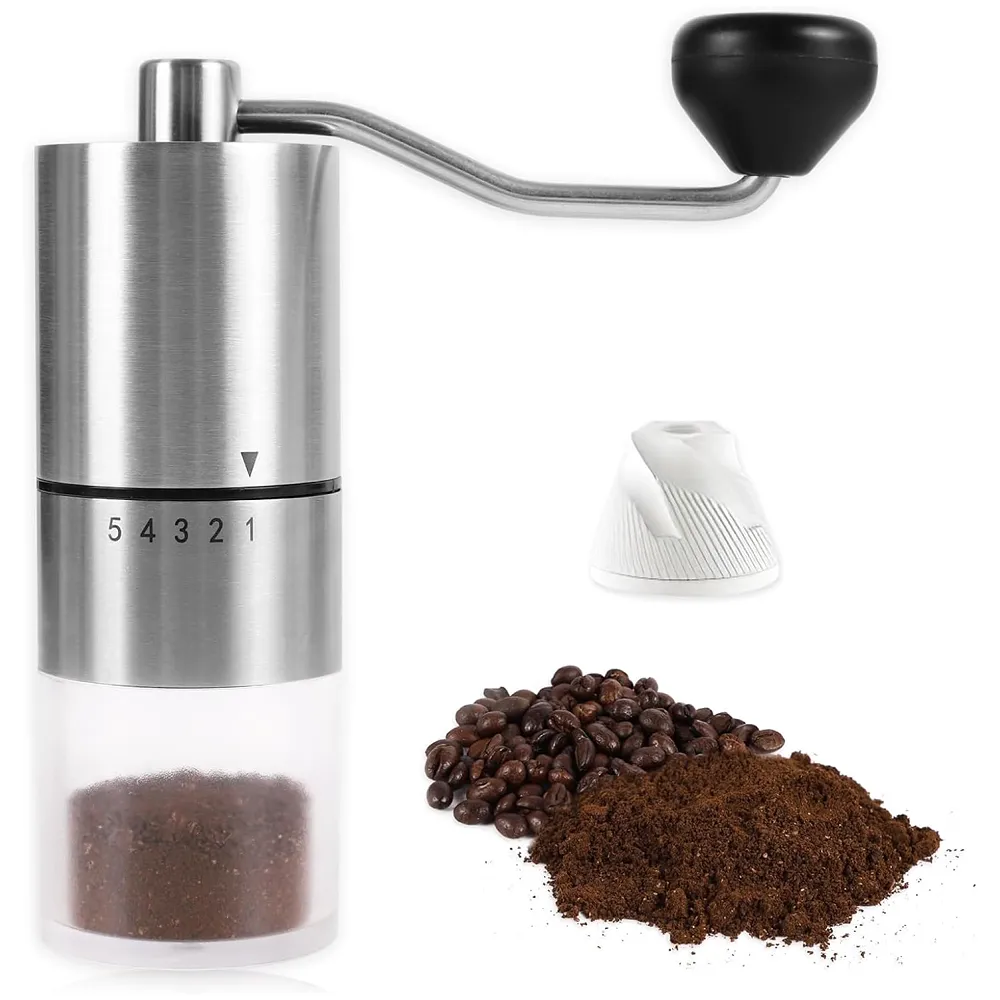 Manual Steel Coffee Grinder, 5 Adjustable Grind Settings, for Espresso, Cold Brew, French Press & Drip Coffee, 5.08 x 5.08 x 16.51 cm - Premium