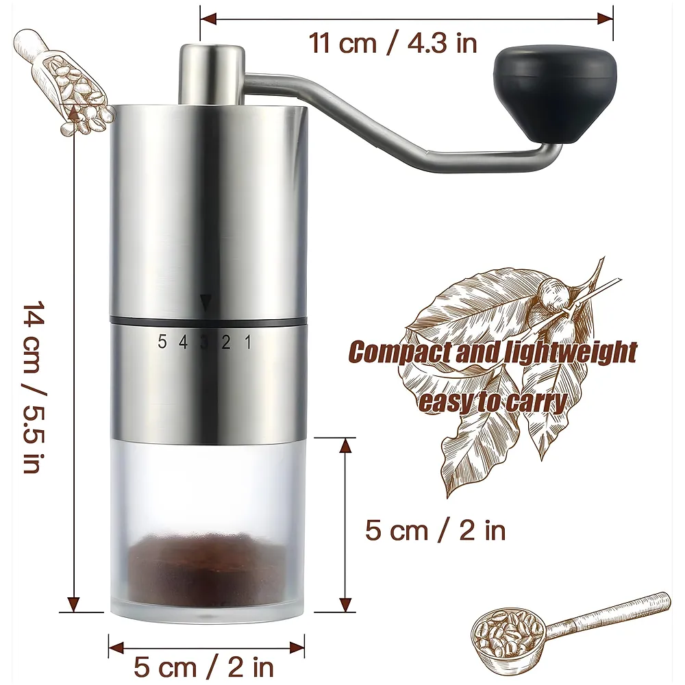 Manual Steel Coffee Grinder, 5 Adjustable Grind Settings, for Espresso, Cold Brew, French Press & Drip Coffee, 5.08 x 5.08 x 16.51 cm - Premium