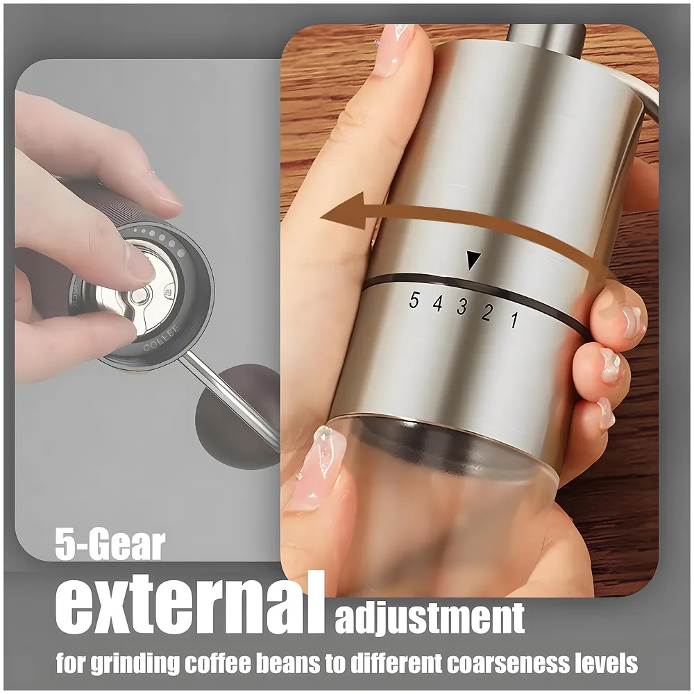 Manual Steel Coffee Grinder, 5 Adjustable Grind Settings, for Espresso, Cold Brew, French Press & Drip Coffee, 5.08 x 5.08 x 16.51 cm - Premium