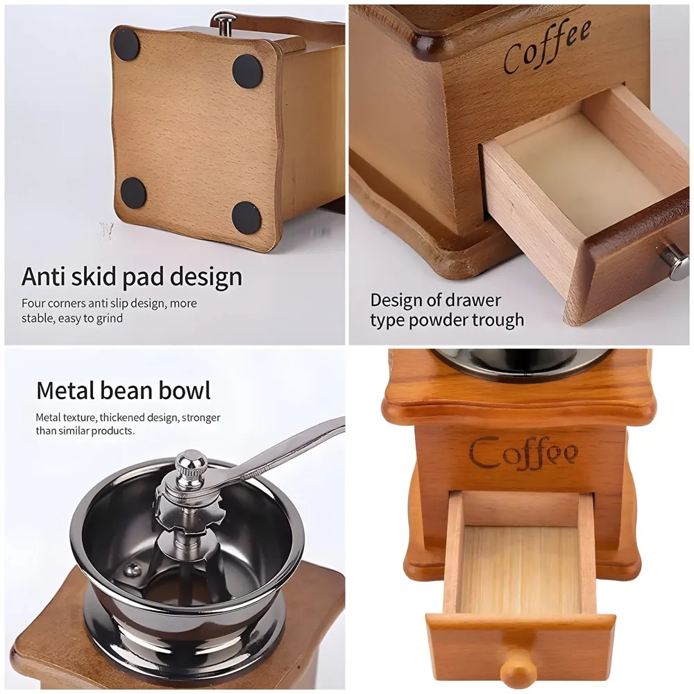 Manual Coffee Grinder, Vintage Wooden Coffee Bean Mill, Adjustable Grinding Hand Grinder for Home, Commercial for Whole Beans, Drip, Espresso Coffee – 16 x 9.5 Cm