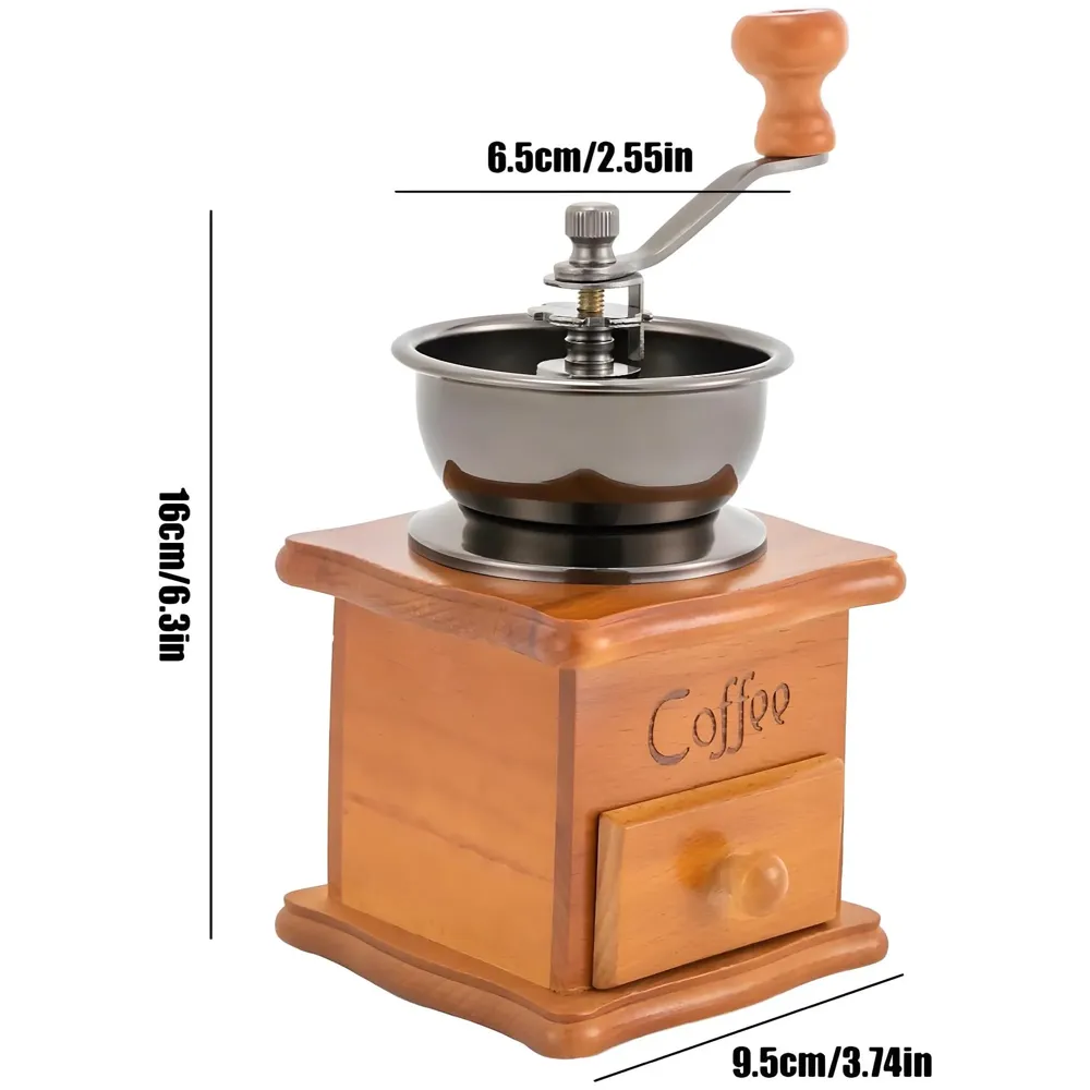 Manual Coffee Grinder, Vintage Wooden Coffee Bean Mill, Adjustable Grinding Hand Grinder for Home, Commercial for Whole Beans, Drip, Espresso Coffee – 16 x 9.5 Cm