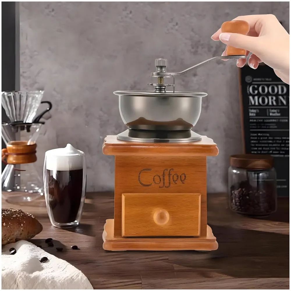 Manual Coffee Grinder, Vintage Wooden Coffee Bean Mill, Adjustable Grinding Hand Grinder for Home, Commercial for Whole Beans, Drip, Espresso Coffee – 16 x 9.5 Cm