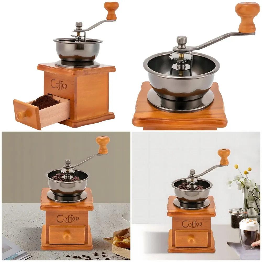 Manual Coffee Grinder, Vintage Wooden Coffee Bean Mill, Adjustable Grinding Hand Grinder for Home, Commercial for Whole Beans, Drip, Espresso Coffee – 16 x 9.5 Cm