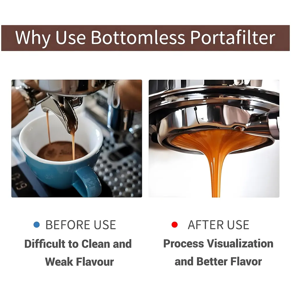 51 mm Coffee Portafilter Bottomless –Steel & Wood Handle, Compatible with Espresso Machines - Crema Enhancement & Precise Extraction - Coffee Extraction Accessories - 21cm x 5.1cm