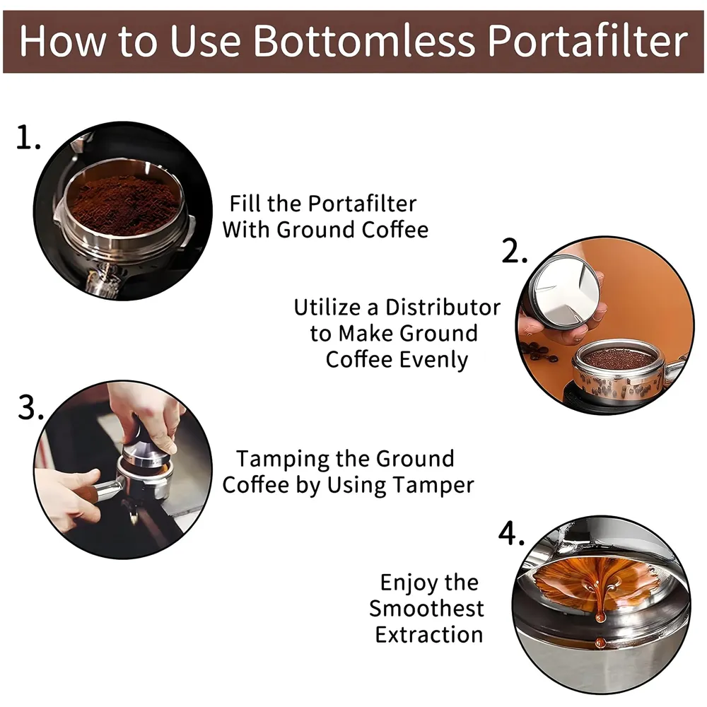 51 mm Coffee Portafilter Bottomless –Steel & Wood Handle, Compatible with Espresso Machines - Crema Enhancement & Precise Extraction - Coffee Extraction Accessories - 21cm x 5.1cm