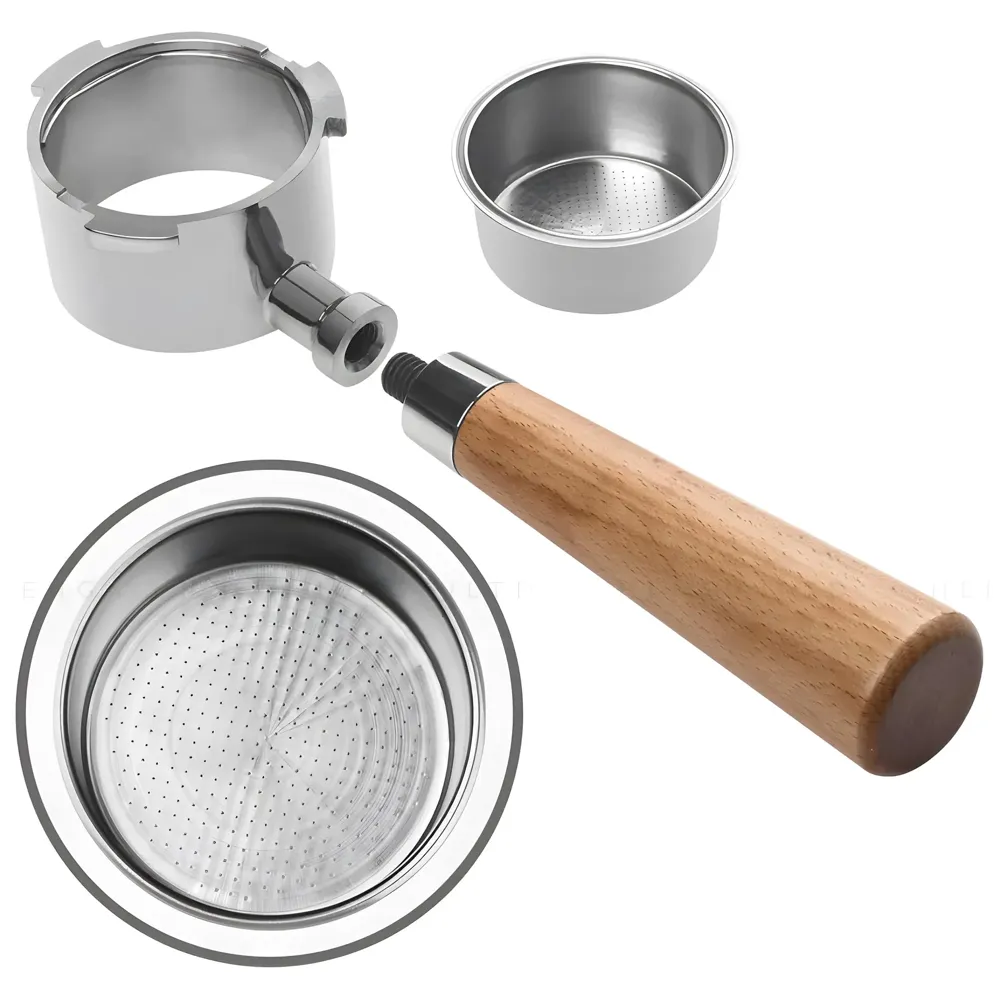51 mm Coffee Portafilter Bottomless –Steel & Wood Handle, Compatible with Espresso Machines - Crema Enhancement & Precise Extraction - Coffee Extraction Accessories - 21cm x 5.1cm